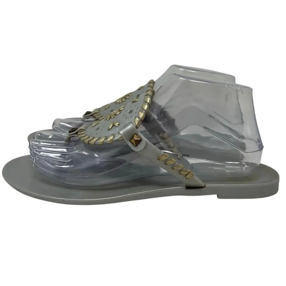Jack Rogers Georgica Silver Gold Medallion Whip Stitch Leather Jelly Sandals 8